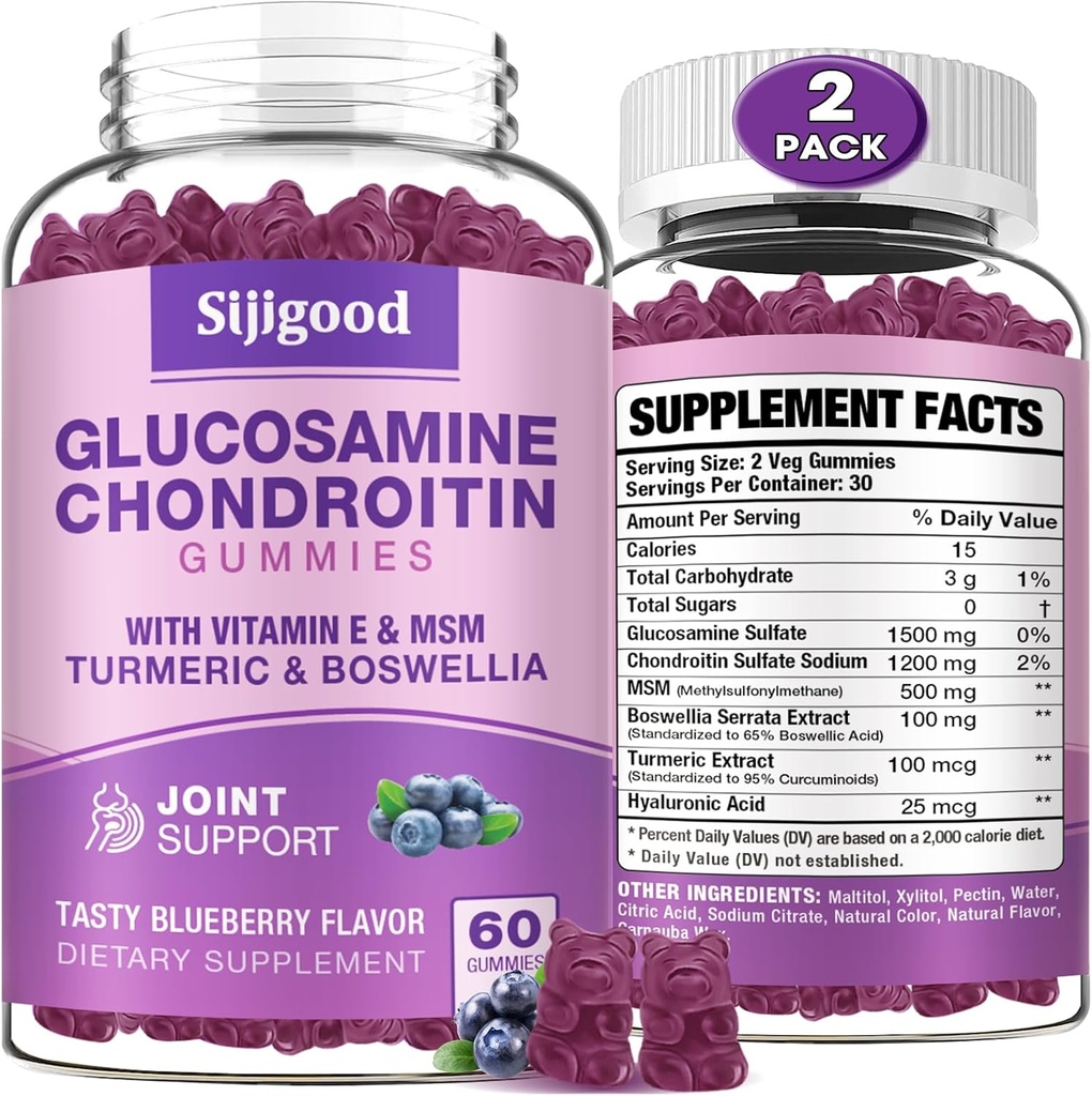 2 Pack Glükosamiin Kondroitiin Gummies , ekstra tugevus Glükosamiin Kondroitiin MSM koos leedrimarja ja kurkum , liigeste tervis , paindlikkus , antioksüdant , immuunsus täiskasvanutele - mustikamaitseline , 120 Gummies