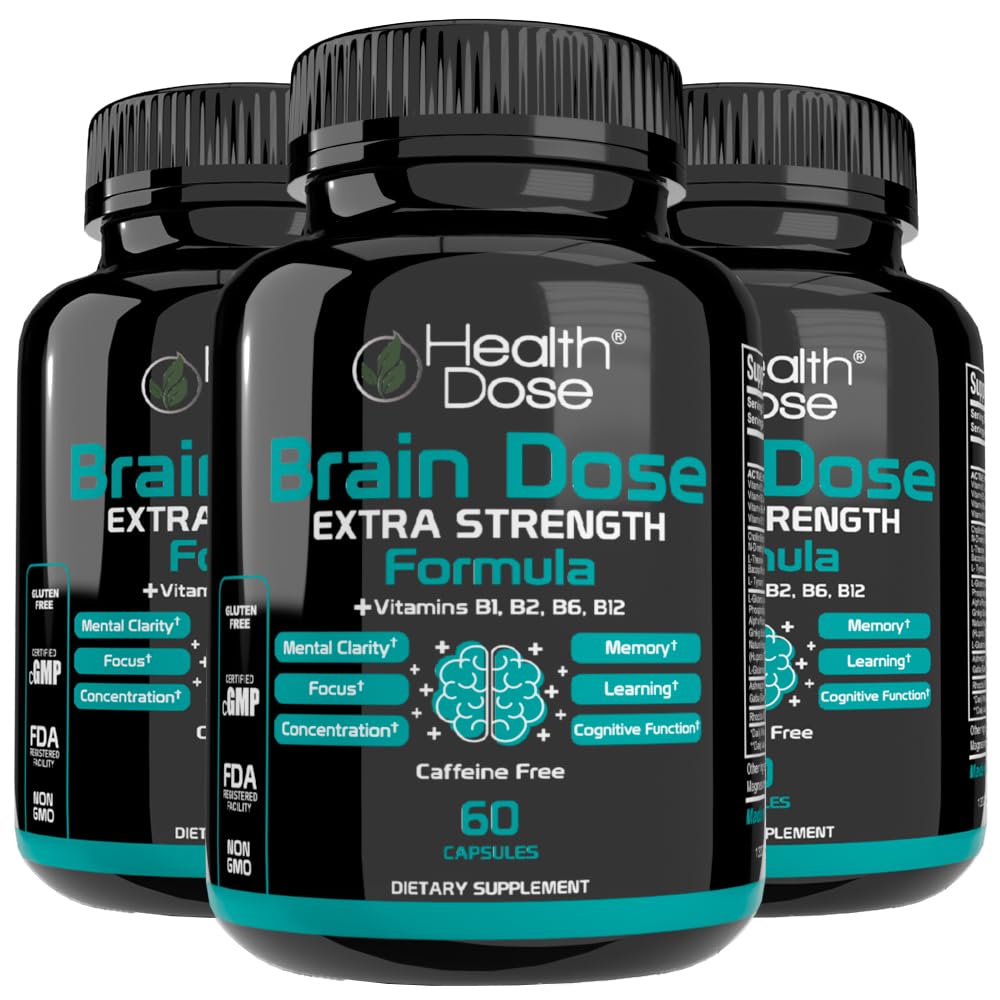 Health Dose Brain Dose Premium Nootropics - Kofeiinivaba ekstra tugevuse valem meestele ja naistele - toetab aju tervist, kognitiivset fookust ja mälu säilitamist, pakett 3.