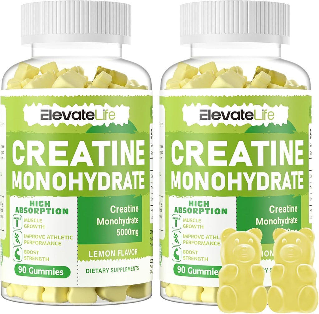 ElevateLife Kreatiin Monohüdraat Kummid 5 g meestele Naistele - Suhkruvaba närimistable Supplement. 180 Gummie Sidrun