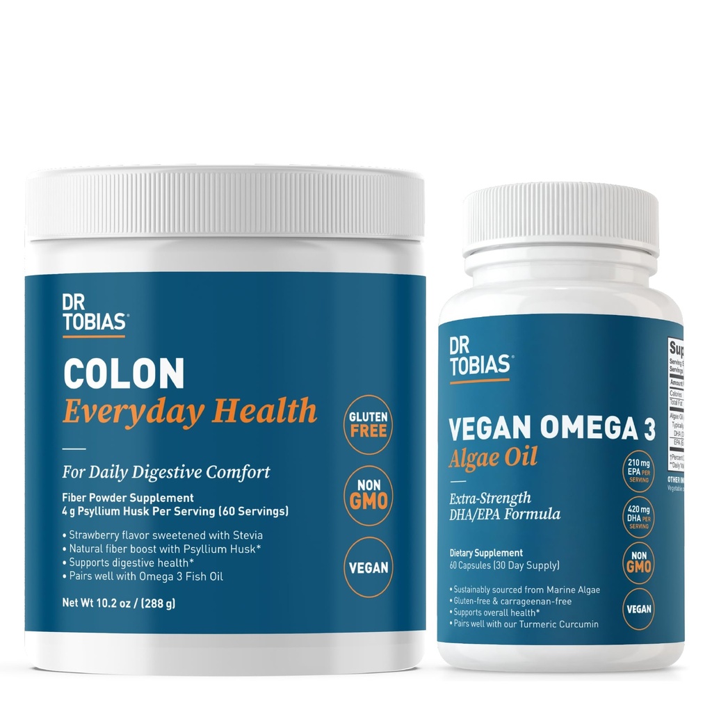 Dr Tobias Colon Everyday Health & Vegan Omega 3 vetikaõli - seedetrakti heaolu ja igapäevane tervisetoetus koos Psyllium Husk ja DHA EPA Omega 3s, Vegan, Non-GMO