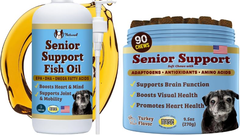 Natural Dog Company Senior Dog Bundle - Omega 3 kalaõli vedelik 16oz & Senior Wellness Chews 90ct - liikuvuse, aju, südame ja silmade tervise toetamine kurkumi, lõhe, lõvi mane ja oomega-3-dega