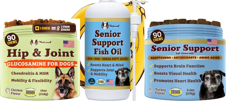 Natural Dog Company Senior Dog Bundle – Omega 3 Fish Oil 16oz + Senior Wellness Chews 90ct + Hip & Joint Chews 90ct – tugiliigesed, aju, süda, silmad, nahk ja mobiilsus Omega-3s, Lion's Mane & G