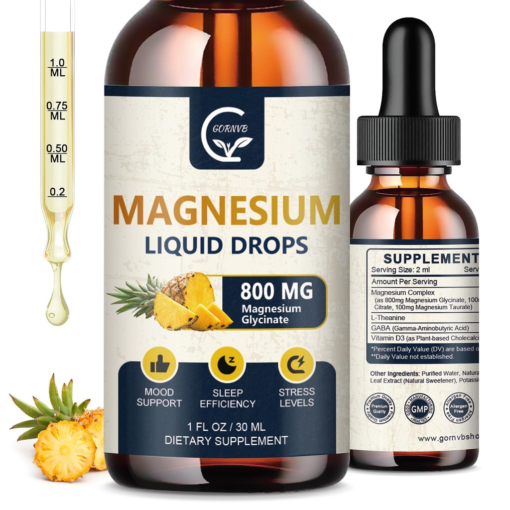 (2 Pack) Magneesiumglütsinaat Vedel tilgad | 1000mg Vedel Magneesium Kompleks D3, L-Thea & GABA energia, une, närvide ja südame tervise, kõrge imendumise, ananassi maitse