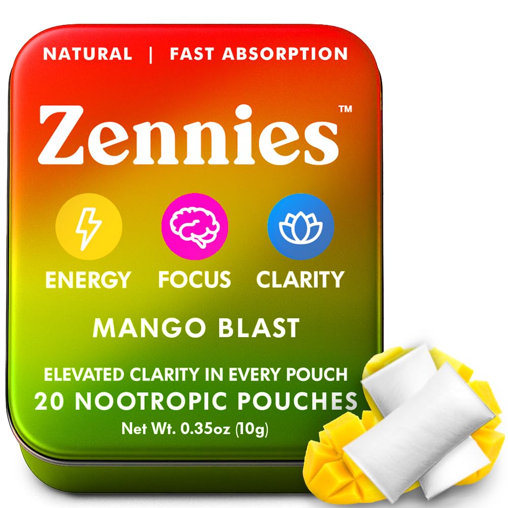 Zennies Kofeiin Nootroopsed kotid Alpha GPC, L-türosiin & L-Theanine, Lion's Mane, Cordyceps, Reishi - Nicotine Free, Nootropic Energy Pouches, Mango Blast 1 PK