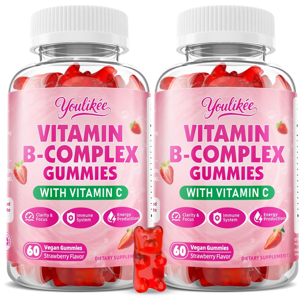 2 Pakendage B-vitamiini komplekskummid naistele ja meestele, Metüül B12, B1, B2, B3, B5, B6, B7 ja B9 - B-vitamiini kompleks C-vitamiiniga toetab energia ja immuunfunktsiooni, maasikamaitse, 120 krahv