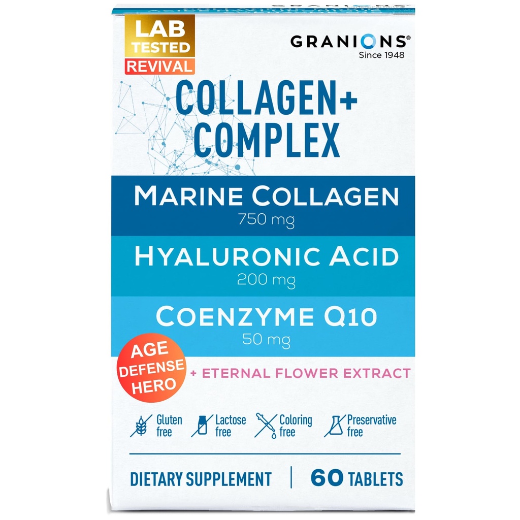 Mere kollageeni pillide kompleks - 200 mg hüaluroonhappe lisand, koensüüm Q10 CoQ10, hüdrolüüsitud mere kollageenpeptiidid, igavene lillede hüdraat, vanusekaitselisandid - 60 suletud tabletti