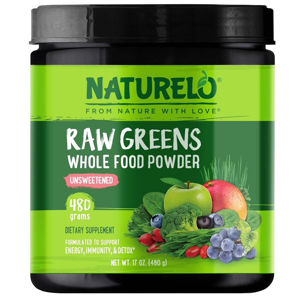 NATURELO Toores Rohelised Superfood Powder - Unsweetened - Suurendage energiat, Detox, Enhance Health - Orgaaniline Spirulina - Nisu Rohi - Terve toidu toitumine puu- ja köögiviljadest - 480 Grams