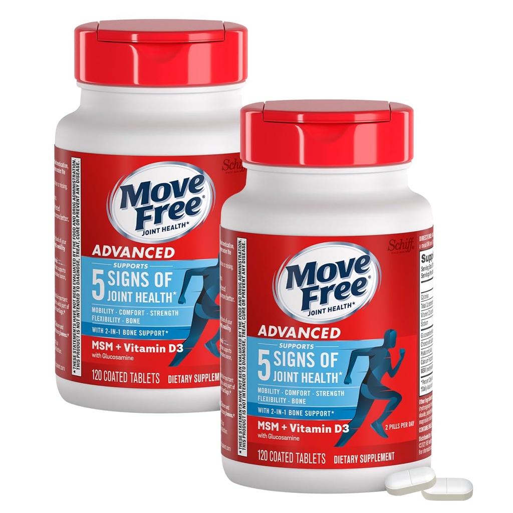 Move Free Advanced Glükosamiin Chondroitin MSM + Vitamiin D3 ühine tugi täiendada, toetab liikuvust, mugavust, tugevust, paindlikkust ja luu + Immuunsus Tervis, 120 tabletti / 40 Servings (2 Pack)