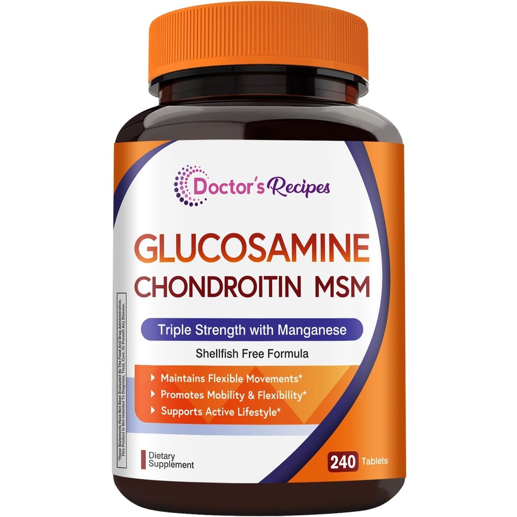 Arsti retseptid Glükosamiin Chondroitin MSM ja mangaani täiendus, 1800 mg Glükosamiin HCl, NO karpkala, tervislik struktuur ja liikumised, paindlikkus toetus meestele ja naistele, 240 tabletti