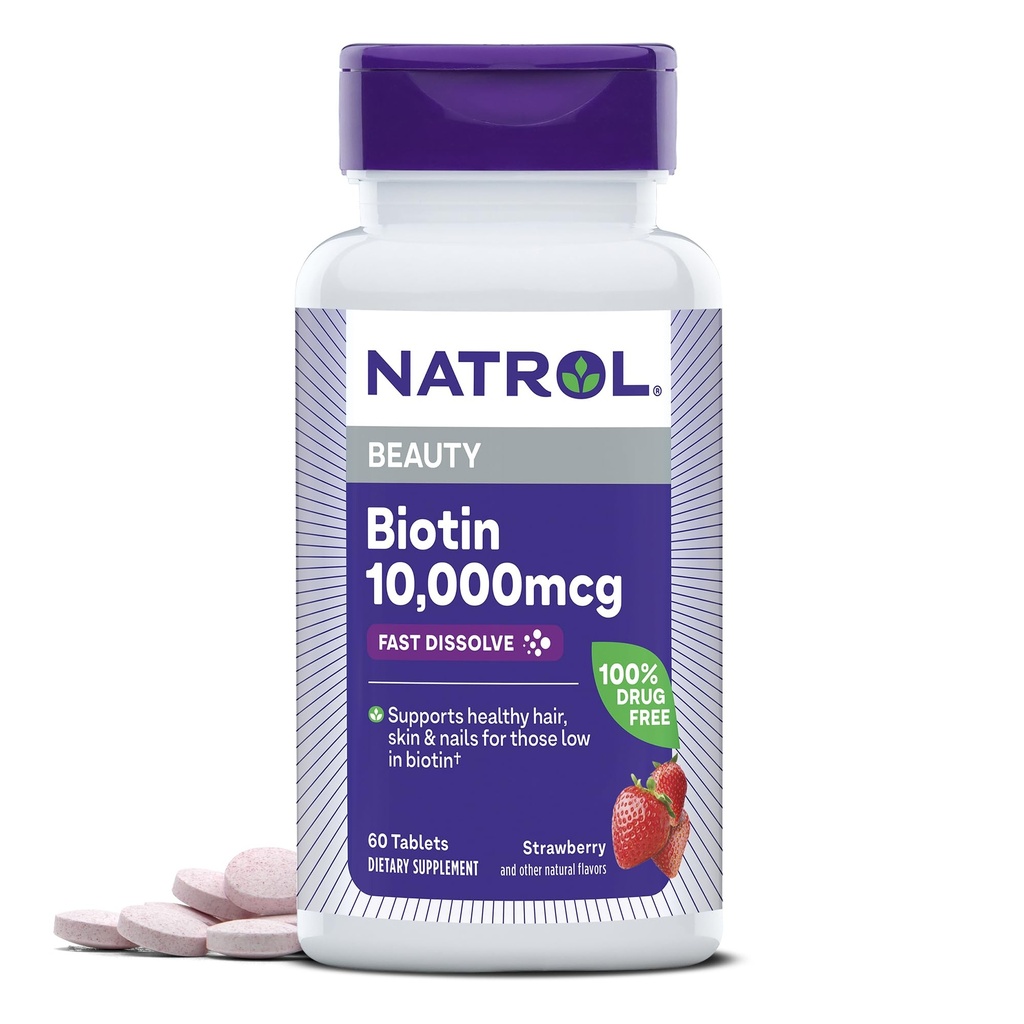 Natrol Biotin 10000mcg, 4X Faster Dissolve Supplement for Healthy Hair, Skin and Nails for Those Low in Biotin, Plus Energy Metabolism Support, 60 Tablets, Up to a 60 Day Supply