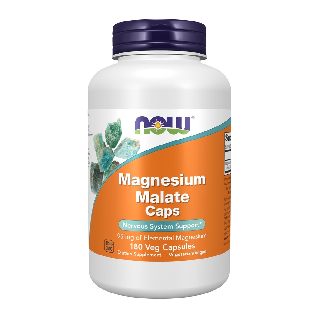NOW Foods Supplements, Magneesium Malate kapslid 95 mg elementaarmagneesiumiga, närvisüsteemi tugi *, 180 Veg kapslit