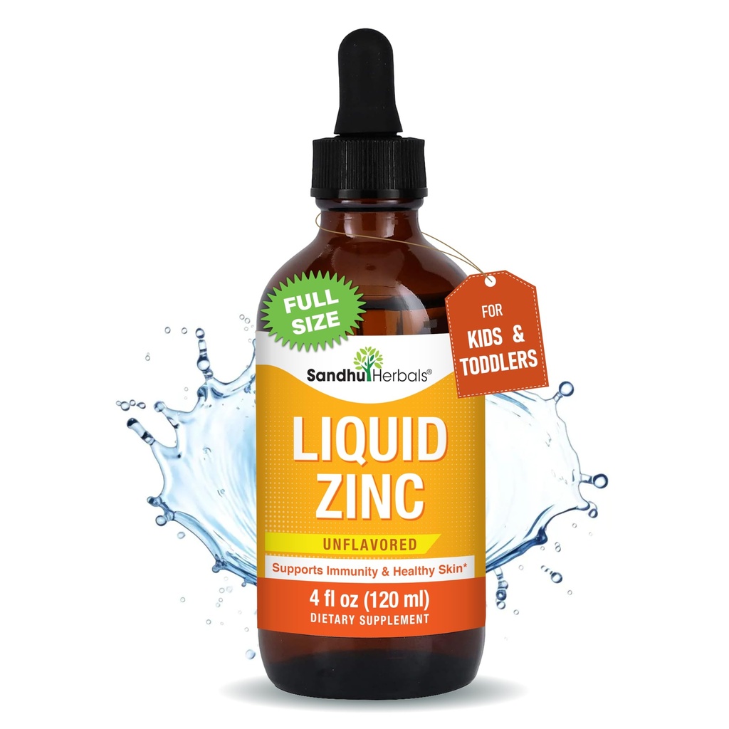 SANDHUHERBALS Vedel tsink lastele, väikelastele ja väikelastele | 4 Fl Oz Suur klaaspudel | Ioonsed tsingilisandid Sulfaaditilgad | Immuunsüsteemi tugi | Lihtne võtta, vees lahustuv | Maitsestamata