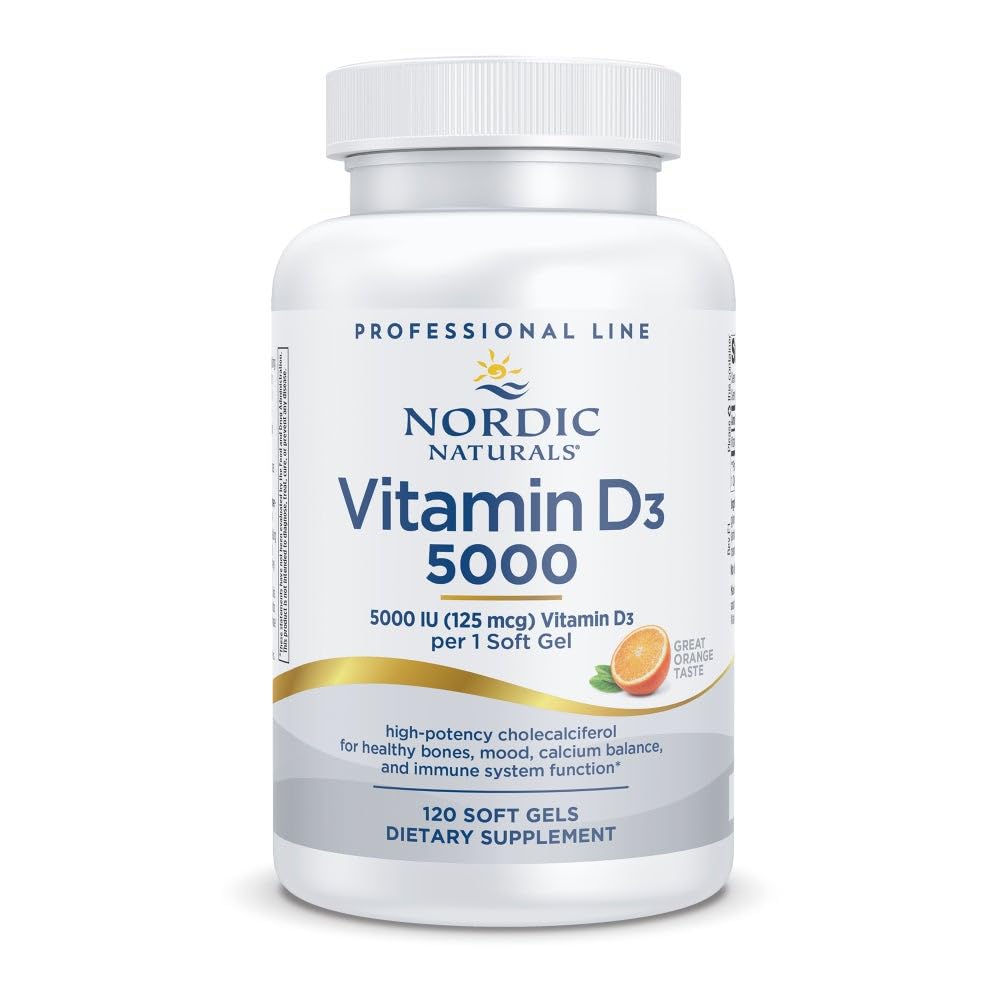 Nordic Naturals Pro Vitamiin D3 5000, Orange - 120 Mini Soft Gels - 5000 IU Vitamiin D3 - toetab tervislikke luid, meeleolu ja immuunsüsteemi funktsiooni - Non-GMO - 120 Servings