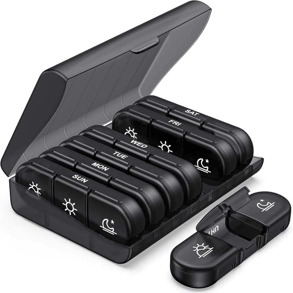 PULIV iganädalane pillide korraldaja 3 korda päevas, kaasaskantav reisipillide karp 7 päeva suurte pillide konteineritega, kergete tablettide juhtum vitamiinide, ravimite, toidulisandite ja kalaõlide jaoks (must)