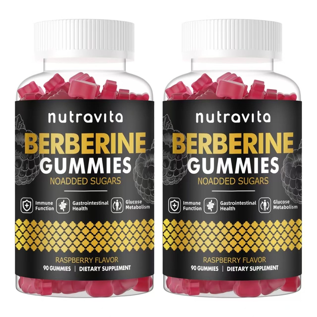 Nutravita Berberine Gummies koos Ceylon Cinnamon 1500mg kõrge potentsi Berberine HCL täiendus immuunsüsteemi ja ainevahetuse toetamine, Sugar Free Organic Berberine Gummies Vaarika Maitse 2PACK