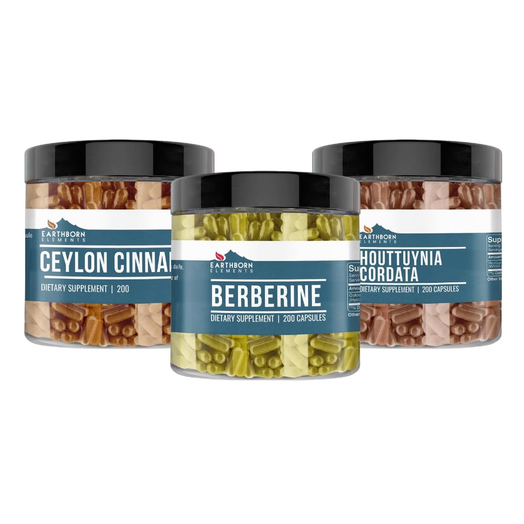Maapealsed elemendid Berberine, Ceylon Cinnamon, & Houttuynia Cordata kapslikomplekt (iga 200 kapslit), Pure & Undiluted, No Additives