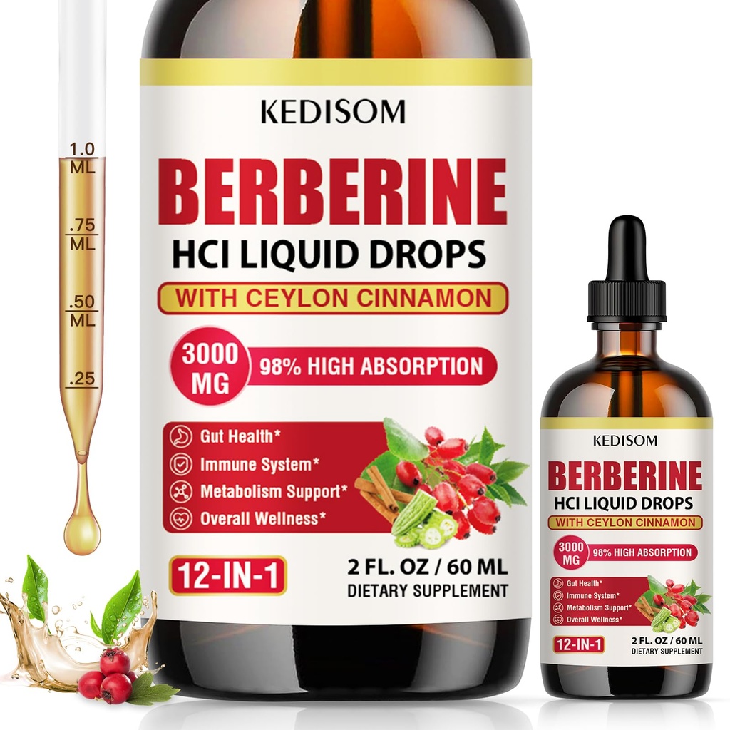 12-in-1 Berberine Supplement Vedelik tilgad 2 Fl Oz, 3000mg Liposomal Berberine HCL kompleks koos Ceylon Cinnamon Plus Turmeric, kõrge imendumine Berberine tilgad