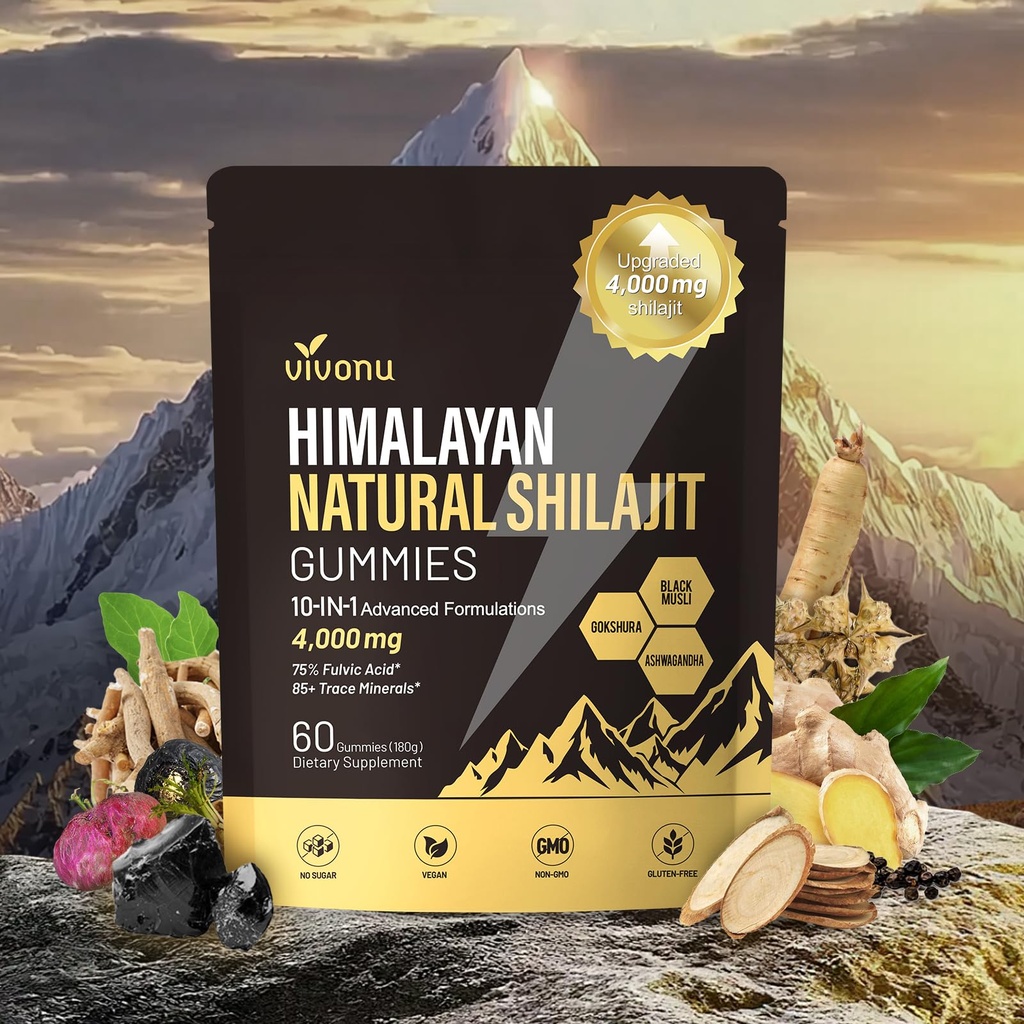 VivoNu Shilajit * Gummies, Puhtad Himaalaja * mikrotoitainelisandid, Himaalaja Premium Koostisosad Shilajit, Ashwagandha, Gokshura, Fulvic Acid & 85+ Trace Minerals I meestele ja naistele (4000MG/1 Bag)