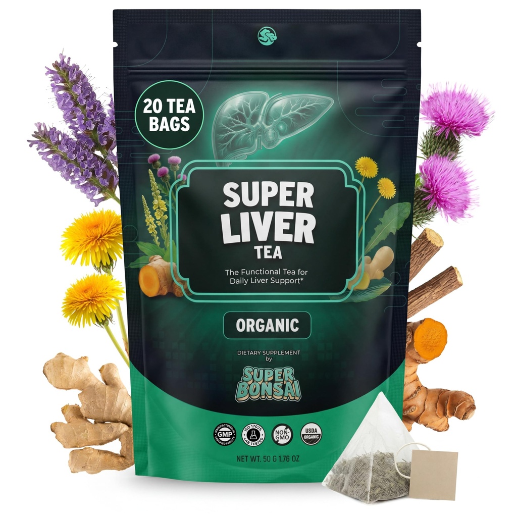 SuperBonsai Orgaaniline Maksa Detox Tee – Dandelion Root & Milk Thistle Taimne Tee Maksatoetuseks, Seedetrakti Detox & Cleanse – Kurkum, Ingver & Väike Botaaniline Blend – 20 orgaanilist teekotti