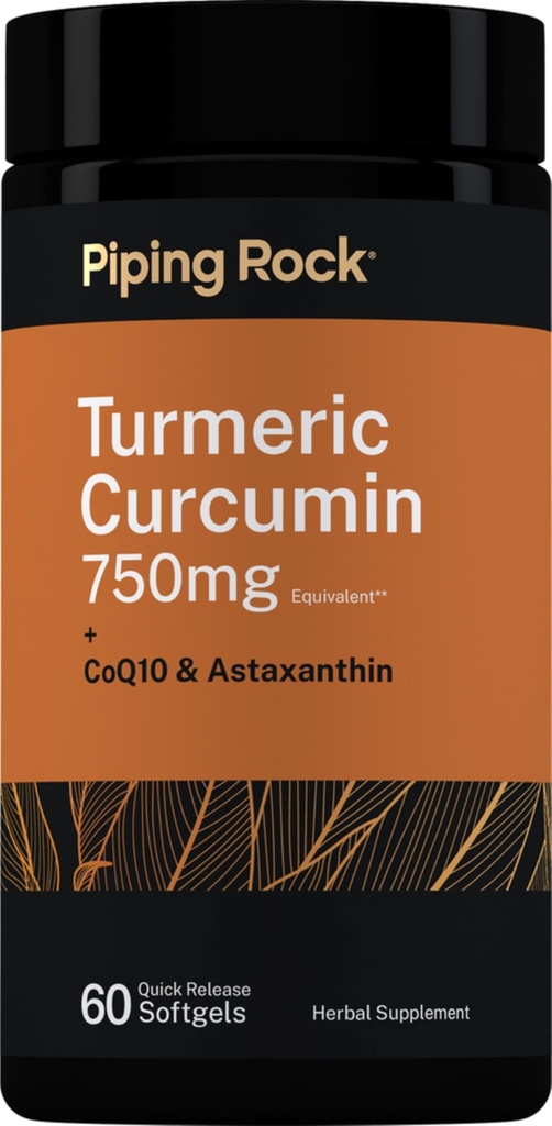 Piping Rock Turmeric Curcumin Supplement | 60 Quick Release Softgels | CoQ-10, Astaxanthin & Black Pepper Extract | Gluteenivaba, Non-GMO