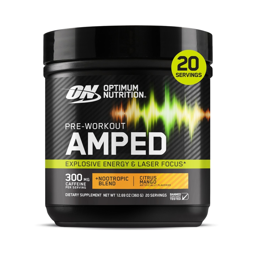 Optimum Nutrition Amped Pre-Workout, koos tsitrulliin, beeta-alaniin, nootroopika ja 300mg kofeiini energia, Citrus Mango, 20 Servings (Pakendamine võib varieeruda)