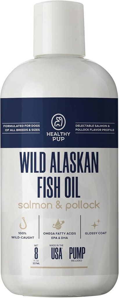 Wild Alaskan Salmon Oil for Dogs with Pollock - 8 oz Pollock and Salmon Oil, Omega 3, EPA ja DHA - Dogs Skin and Coat Supplement - valmistatud USA-s