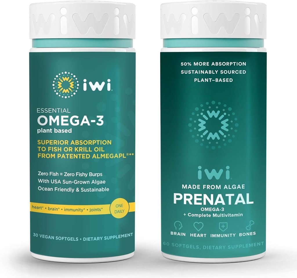 Iwi Omega-3 Essential & Prenatal Multivitamiin Bundle, 30 Servings, Vegan Plant-Based vetikad Omega 3, Krill & Fish Oil Alternative, No Fishy Aftertaste