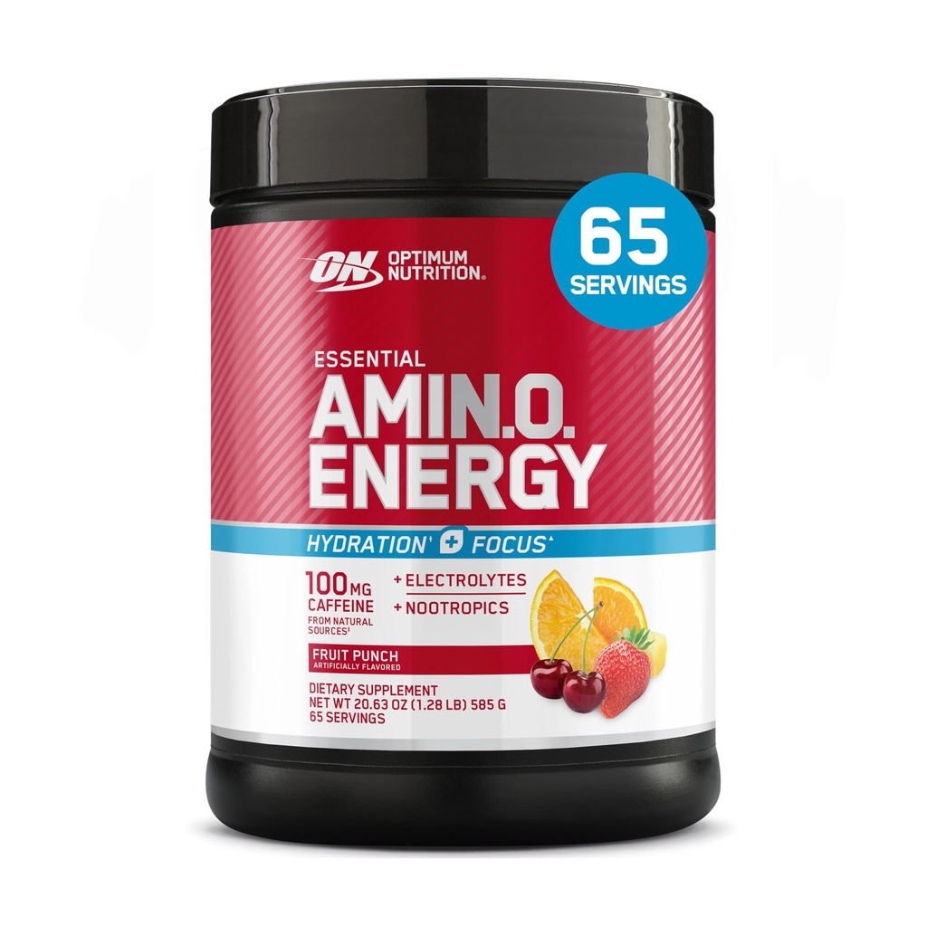 Optimaalne toitumine Amino Energy Powder Plus Focus, BCAA, elektrolüütide ja kofeiiniga, puuviljapunn, 65 serveerimist (pakendamine võib varieeruda)