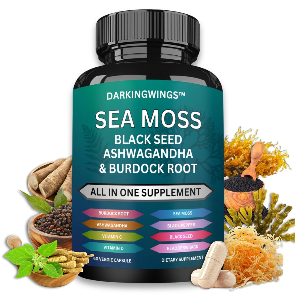 Sea Moss Advanced - Sea Moss 3000mg Black Seed Oil 2000mg Ashwagandha 1000MG Bladderwrack 1000mg Burdock 1000mg & C-vitamiin D3 naha juuste täiendused | Mees ja naised | 30 päeva tarnekapslid