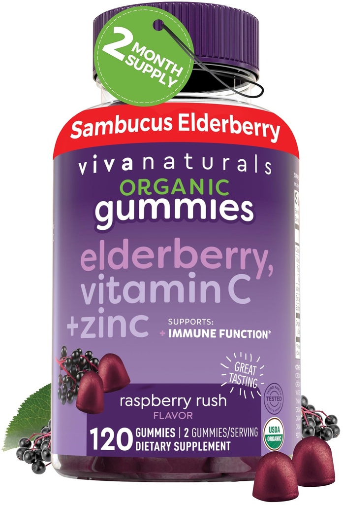 Viva Naturals Orgaaniline Sambucus Elderberry Gummies täiskasvanutele (120 krahv) - 3in1 Black Elderberry C-vitamiin ja tsink Immune Support Gummies, näritavad Elderberry Supplements, Tsink Immunity Gummies