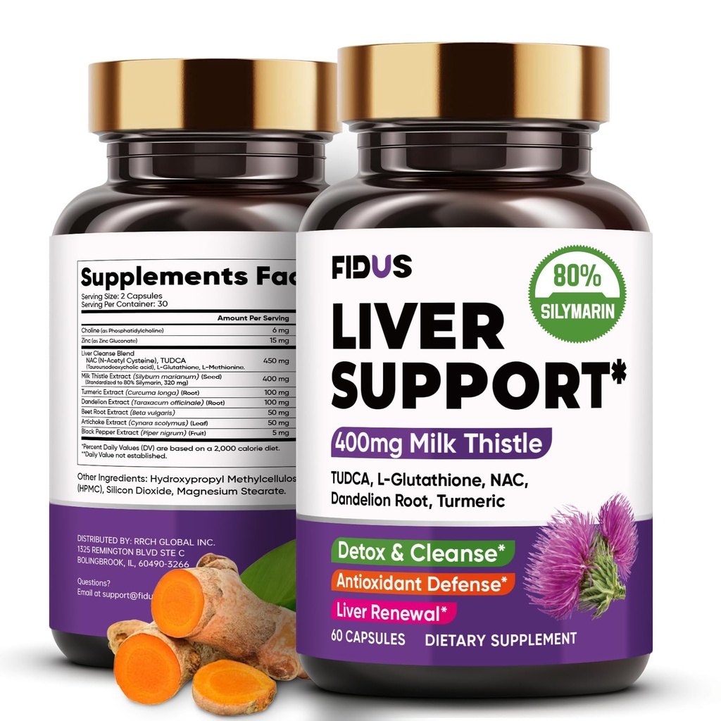 Fidus Maks Puhasta Detox & Remont Kapslid - 400 mg Annus Piimaohakas (80% Silymarin) Maksa Ja Seedetrakti Tugi NAC, Kurkum, Dandelion & TUDCA - USA Made