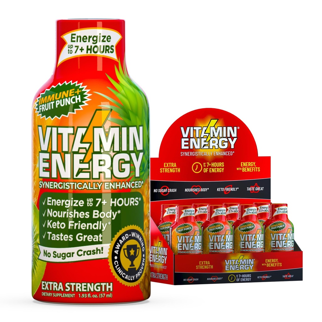 Vitamin Energy Immune+ Extra Strength Energy Shot Fruit Punch 8 Pack, 260mg Natural Caffeine, B-Vitamins, Citicoline, Green Tea, Immunity & Focus Support, Zero Sugar, Gluten-Free 1.93 fl oz