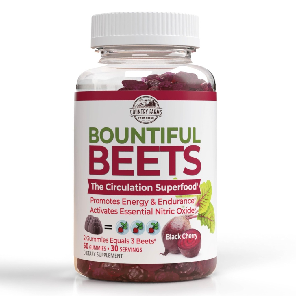 RIIK FARMS Bountiful Beets Gummies, Circulation Superfood, Edendab Energiat ja Vastupidavust, Lämmastikoksiidi Booster, 30 Servings, Valge, 60 Count