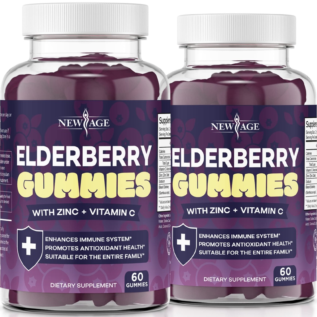 NEW AGE (2-Pack) Premium Elderberry Gummies täiskasvanutele C-vitamiini, tsink, Propolis - Sambucus Black Elderberry Gummy Extract - Gluteenivaba ja taimetoitlane - 120 Gummies