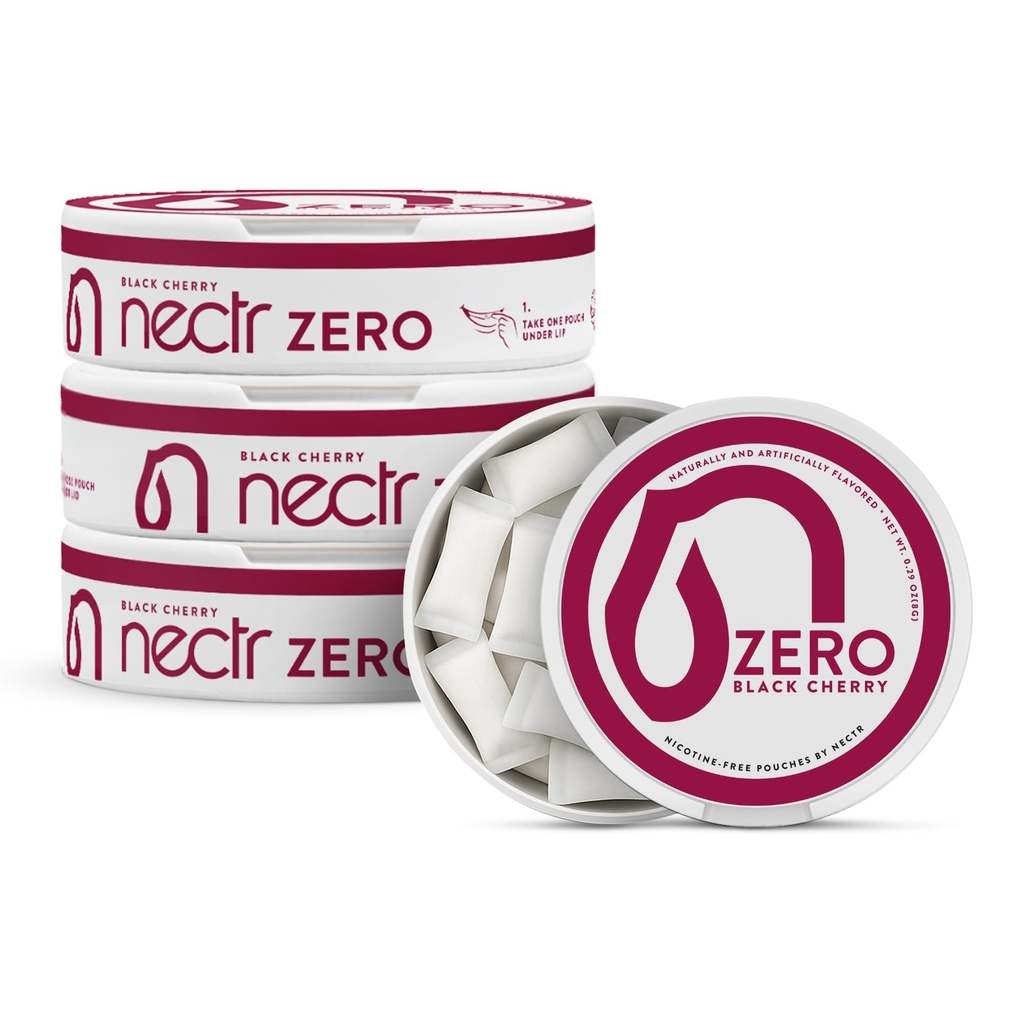 Nectr Energy Zero Pouches - No Caffeine, No Sugar, Zero Calories, Mini Pouches for Oral Fixation and Stress Relief - 4 Pucks of 20 - Black Cherry Flavor