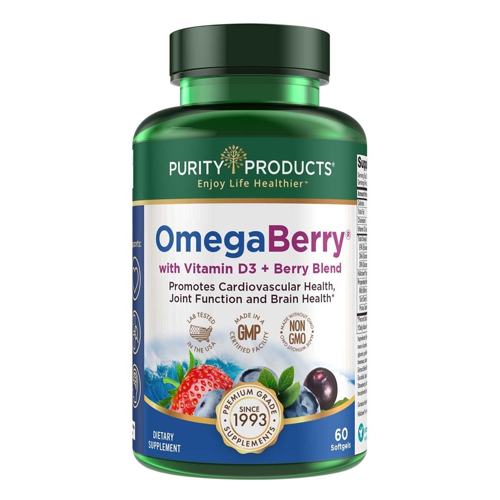 Puhtustooted OmegaBerry Fish Oil vitamiin D3 ja orgaaniline Acai - 1250mg kontsentreeritud molekulaarselt destilleeritud Ultra puhas Omega-3 kalaõli, 500mg DHA + 650mg EPA - 60 pehme geelid - 30 päeva pakkumine