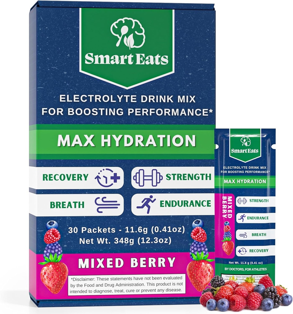 Smart Eats Electrolyte Powder - 1690 mg elektrolüüte, 9 olulist mineraali ja vitamiine, 5 antioksüdandit, kiire ja energilise hüdratsiooni, disainitud arstide poolt, < 1 Gram suhkur, hapu marjamaitse - 30 paketti