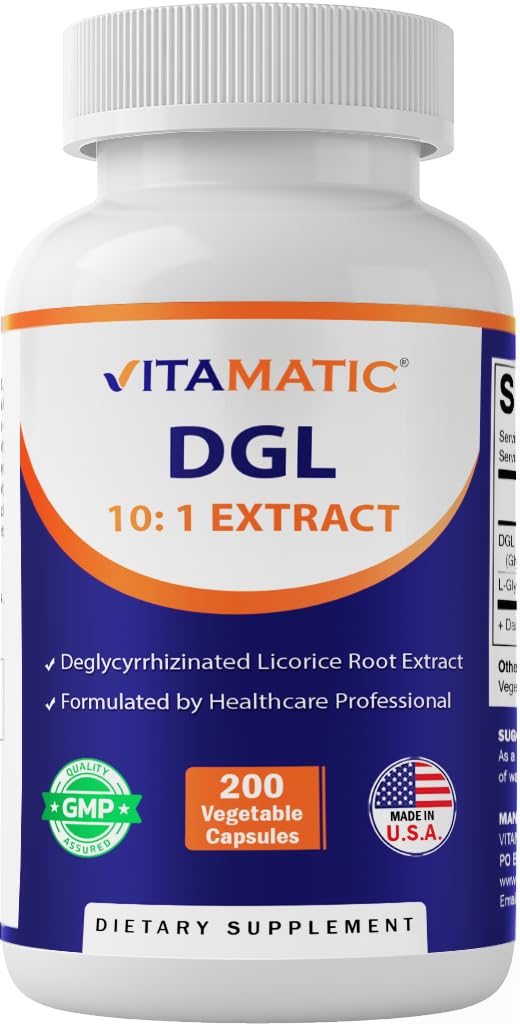 Vitamatic DGL lagrits 3800 mg ekvivalenti serveerimise kohta (alates 10: 1 ekstrakt 380 mg) - 10X Tugevam - toetab tervislikke seede- ja hingamisfunktsioone - 200 kapslit