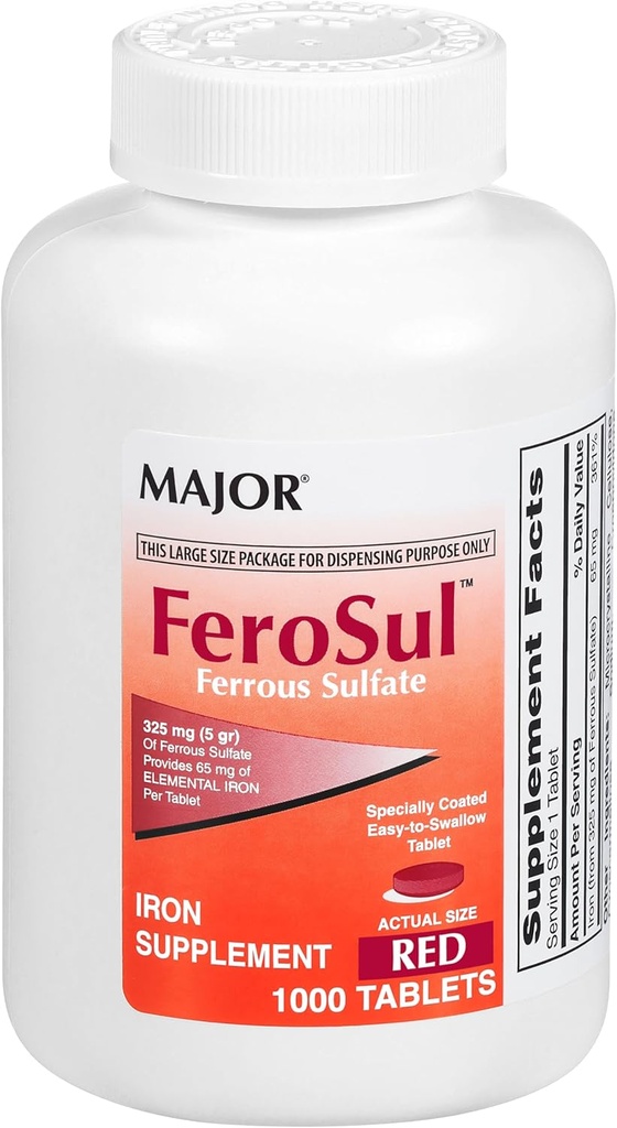 Major FeroSul - raudsulfaat 325 mg tabletid - Raualisand naistele ja meestele - spetsiaalselt kaetud kergesti neelatavad tabletid - punane - 1000 Tabletid