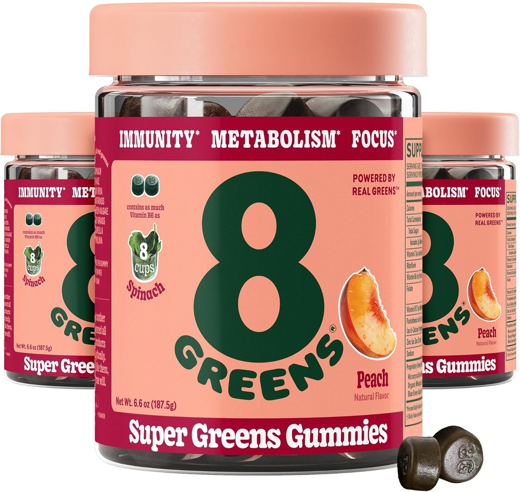 8Greens Supergreens Gummies | Super Greens Pulber Superfood Gummy Metabolism, immuunsus ja fookus, Seedetrakti tervise ensüümid, Orgaaniline: Chlorella, Spirulina, Aloe Vera, Peach Flavor, 150 Count