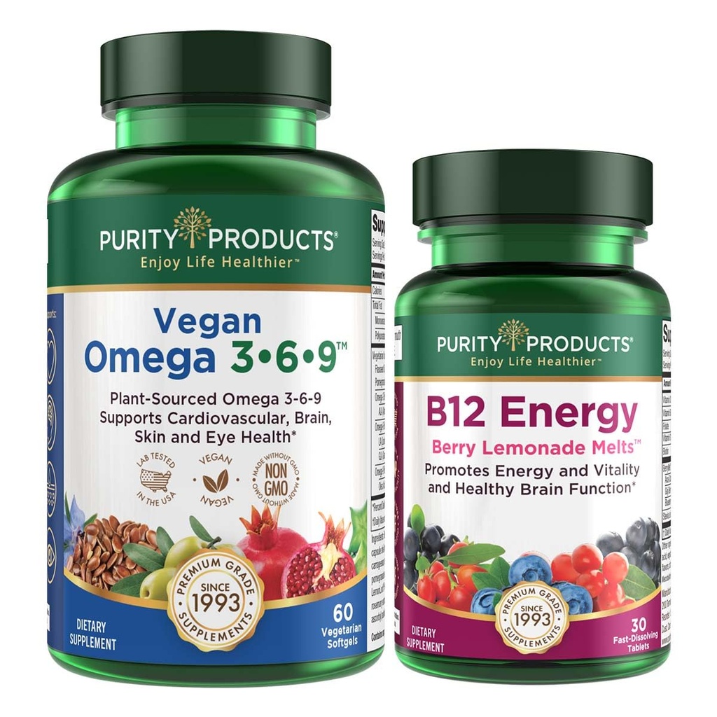 Puhtuse Tooted Bundle - Vegan Omega 3-6-9 + B-12 Energia sulatatud Omega 3-6-9 ("5 in 1" Taimepõhine Omega 3 6 9 Asendamatud rasvhapete kompleks) - B12 Berry sula (metüülkobalamiin B12 + B6 + D3 + More)
