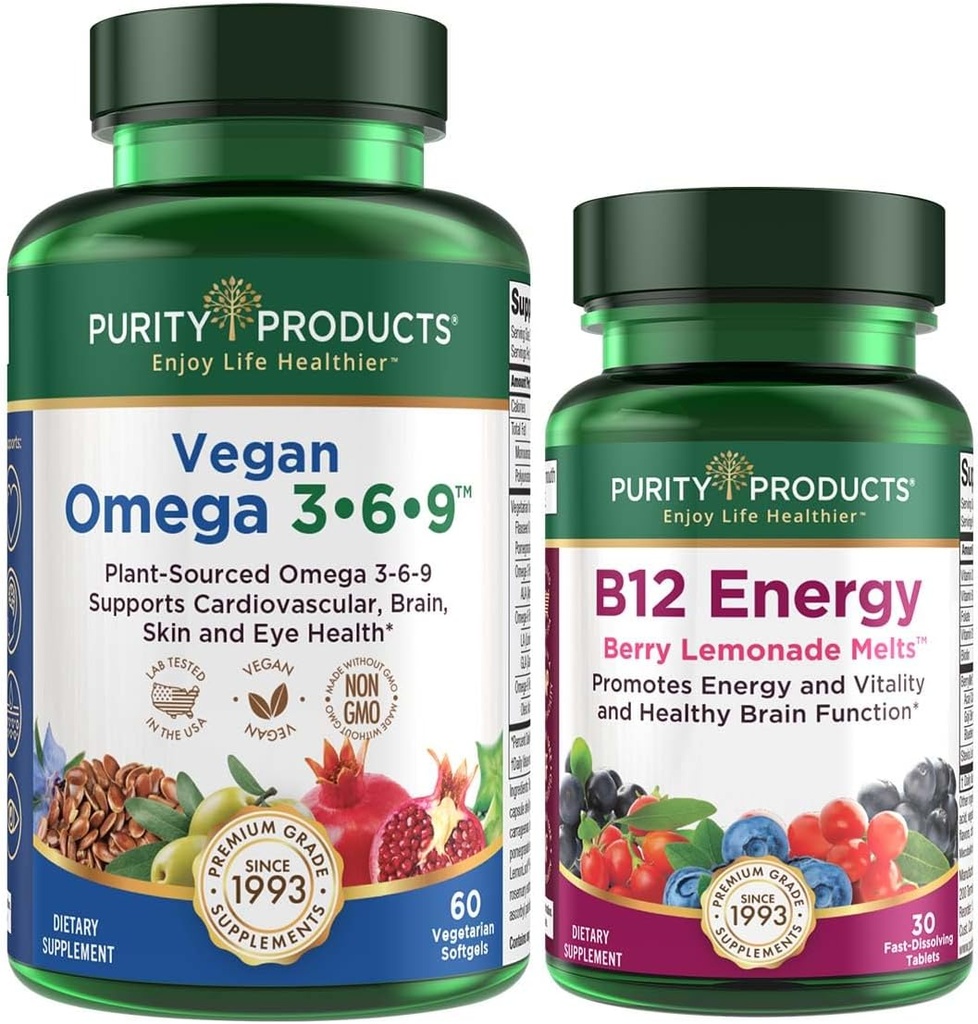 Puhtuse Tooted Bundle - Vegan Omega 3-6-9 + B-12 Energia sulatatud Omega 3-6-9 ("5 in 1" Taimepõhine Omega 3 6 9 Asendamatud rasvhapete kompleks) - B12 Berry sula (metüülkobalamiin B12 + B6 + D3 + More)