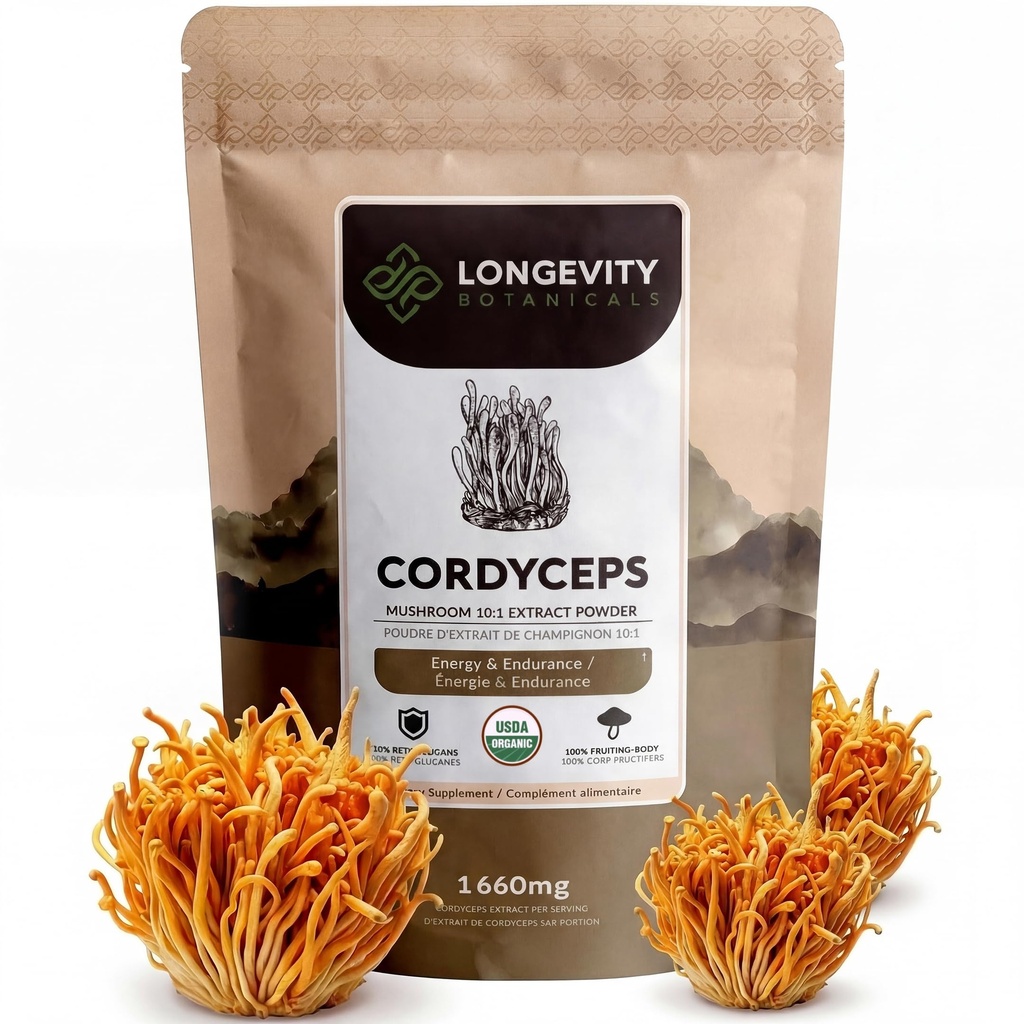 Pikaealisus Botaanika Orgaaniline korditseps Seeneekstrakti pulber 100 g cent Kontsentreeritud 10: 1 suhe | 100% viljakehad | Cordyceps Militaris Natural Supplement for Energy, Stamina & Respiratory Support