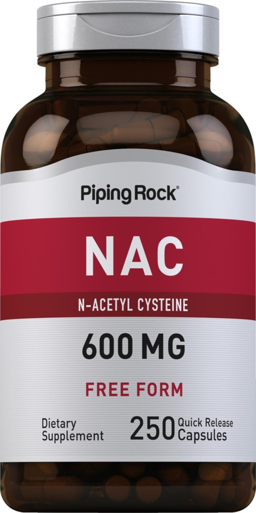 Piping Rock NAC Supplement N-atsetüül tsüsteiin | 600mg | 250 kapslit | Vaba vormi pillid naistele ja meestele | Mitte-GMO, Gluteenivaba