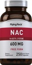 Piping Rock NAC Supplement N-atsetüül tsüsteiin | 600mg | 250 kapslit | Vaba vormi pillid naistele ja meestele | Mitte-GMO, Gluteenivaba