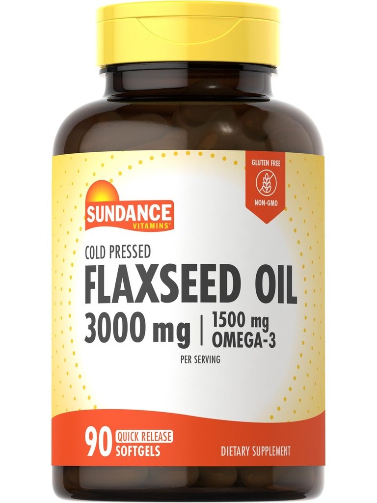 Sundance Flaxseed Oil 3000mg | 90 Softgels | with 1500mg Omega-3 | Cold Pressed | Non-GMO and Gluten Free Supplement