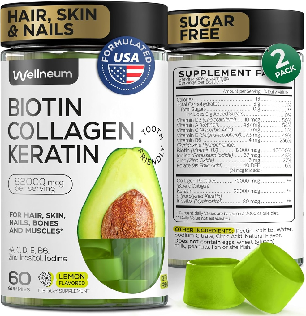 Biotiin ja kollageen peptiidkummid juuste kasvuks, nahk ja küüned 120 tk (2 Pack) - 82000 Mcg - biotiin närimistables koos Keratin Max Strength - Ilukummies naistele ja meestele - suhkruvaba, mitte-GMO