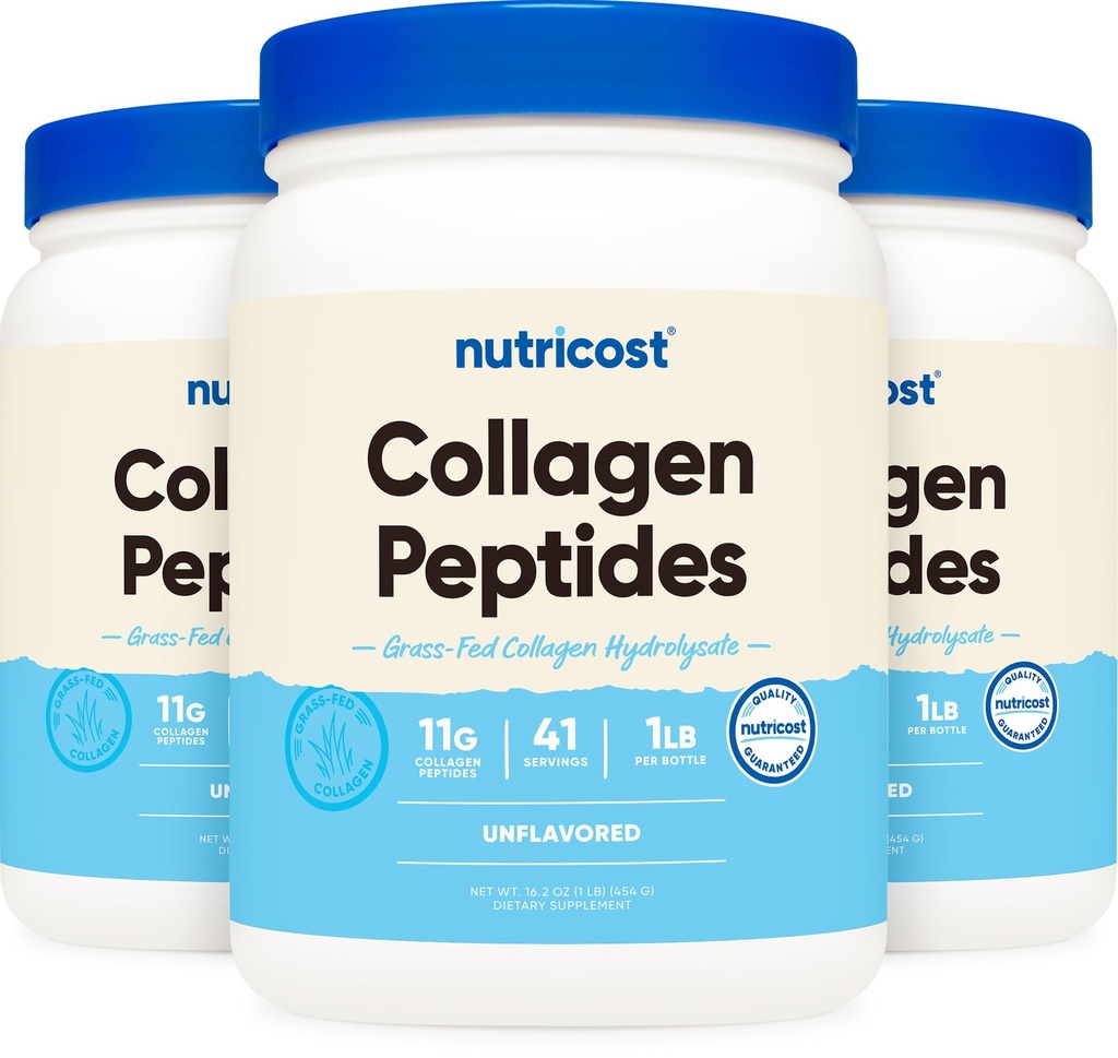 Nutricost Pure Collagen Hydrolysate (Bovine) Powder (3 Pack) - Grass Fed Bovine Collagen, 1LB Each
