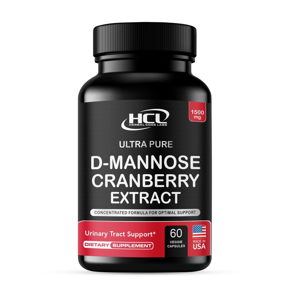 HCL HERBAL CODE LABS D-Mannose koos Jõhvikaekstrakti kapslitega 1500mg – suure tugevusega USP Hinne D-Mannoosi toidulisand terve puuvilja Jõhvika pulbriga – Kuseteede tugi – Non-GMO 60 kapslid