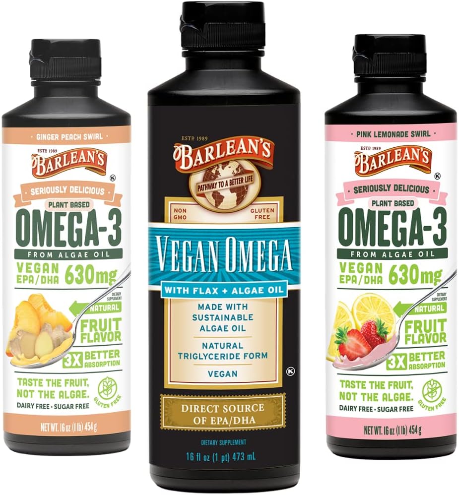 Barlean's Vegan Omega 3 vetikaõli Vetikaõli Täienduskomplekt, sisaldab linaseemne- ja vetikaõli segu, ingveri virsikut ja roosa limonaadi maitseid, EPA ja DHA rasvhappeid